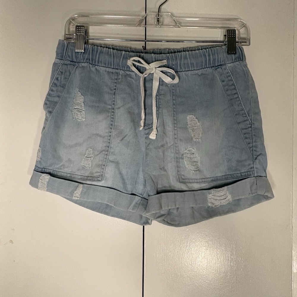 Anthropologie Cloth & Stone Women's Chambray Distressed Drawstring Shorts Sz XS